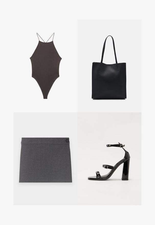 Brauner, hochgeschlossener Badeanzug mit dünnen, verstellbaren Trägern; zeichnet sich durch einen hohen Beinschnitt und eine glatte Textur aus. Keine Muster oder Verzierungen.; Grauer Stoffrock mit glatter Textur, geradem Schnitt und einem einzelnen schwarzen Knopf am Taillenbund, mit einer klaren und einfachen Ästhetik.; Schwarze patentierte Sandalen mit Absatz, quadratischer Spitze, Knöchelriemen und silbernen Schnallen. Mit einem stabilen Blockabsatz für mehr Stabilität.; Schwarze Laptoptasche aus Leder mit glatter Textur, rechteckiger Form und zwei langen Griffen. Keine sichtbaren Beschläge oder Verzierungen.