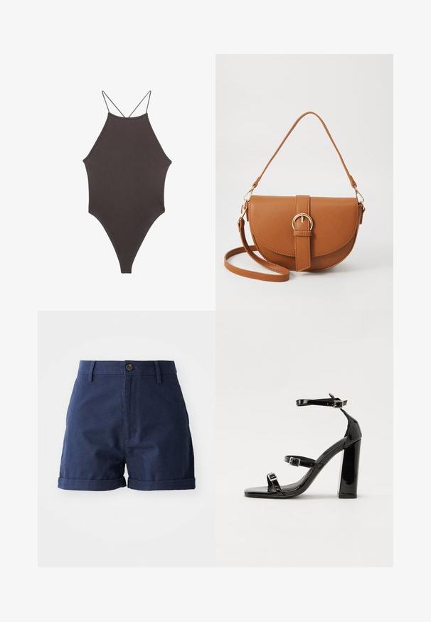 Brun, hög nacke baddräkt med tunna, justerbara remmar; har högskuren ben och slät textur. Inga mönster eller dekorationer.; Mörkblå bomullsshorts med knäppning framtill, vikt fåll och sidfickor; har en slät yta och skräddarsydd design.; Svarta lackerade högklackade sandaler med två spännband, fyrkantig tå och en tjock klack, med en slät och glansig yta.; Brun läder crossbody-väska med en böjd form, gyllene detaljer och en spänneaccent. Har en avtagbar axelrem.