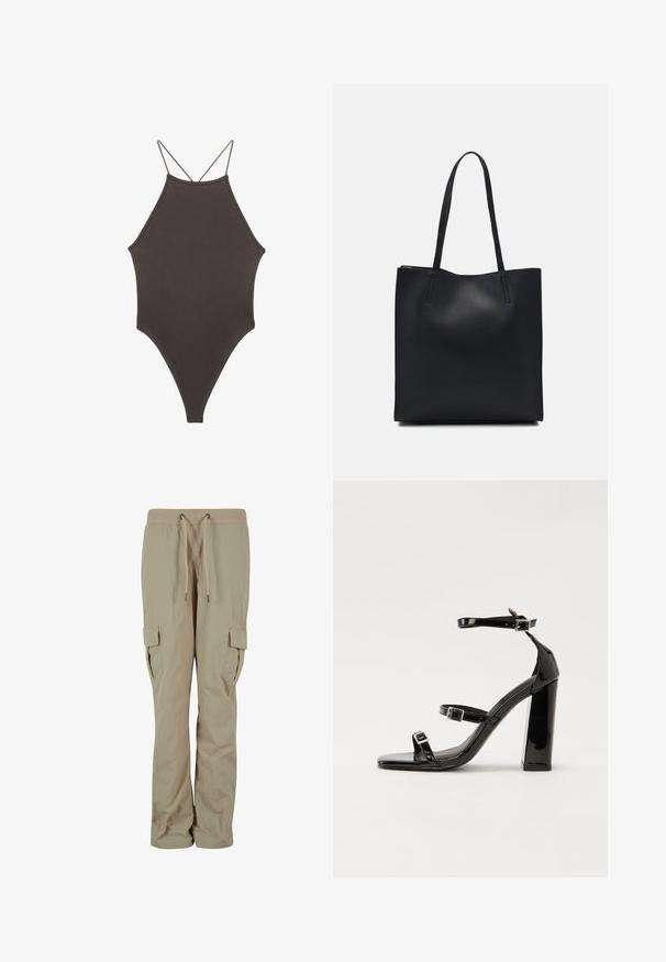 Brauner, hochgeschlossener Badeanzug mit dünnen, verstellbaren Trägern; zeichnet sich durch einen hohen Beinschnitt und eine glatte Textur aus. Keine Muster oder Verzierungen.; Beige Cargo-Hosen aus leichtem Stoff, mit einem Kordelzugbund, seitlichen Taschen und einer lockeren Passform für Komfort.; Schwarze patentierte Sandalen mit Absatz, quadratischer Spitze, Knöchelriemen und silbernen Schnallen. Mit einem stabilen Blockabsatz für mehr Stabilität.; Schwarze Laptoptasche aus Leder mit glatter Textur, rechteckiger Form und zwei langen Griffen. Keine sichtbaren Beschläge oder Verzierungen.