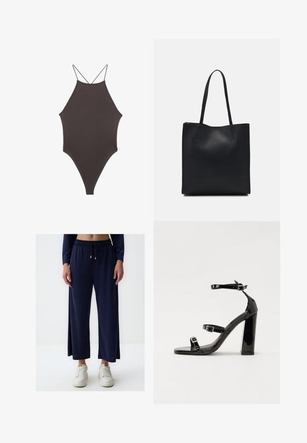 Brązowy jednoczęściowy kostium kąpielowy z wysokim dekoltem i cienkimi, regulowanymi ramiączkami; charakteryzuje się wysokim krojem nogawek i gładką teksturą. Bez wzorów ani ozdób.; Granatowe spodnie o szerokich nogawkach, wykonane z gładkiego, lekkiego materiału, z elastycznym paskiem i sznurkiem. W zestawie z białymi trampkami.; Czarne lakierowane sandały na obcasie z kwadratowym noskiem, z paskami wokół kostki i srebrnymi klamrami. Posiadają masywny słupek dla stabilności.; Czarna skórzana torba tote o gładkiej fakturze, prostokątnym kształcie i dwóch długich uchwytach. Brak widocznych elementów metalowych i ozdób.
