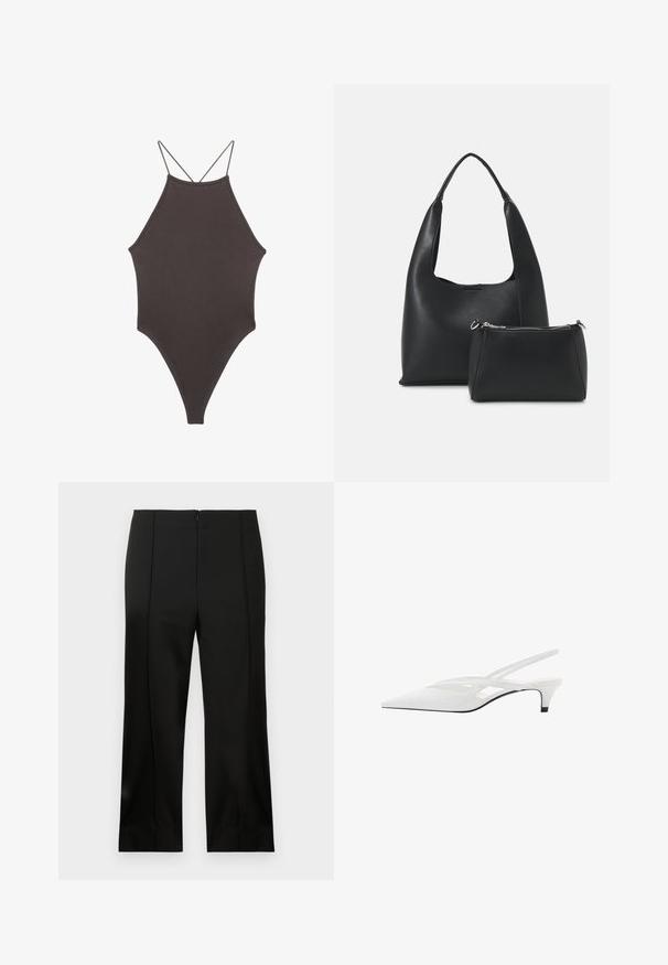 Hnedé, vysoký krk jednodielne plavky s tenkými, nastaviteľnými ramienkami; s vysokým strihom na nohách a hladkým povrchom. Bez vzorov alebo ozdôb.; Čierne krátke elegantné nohavice so rovnými nohami, hladkou tkaninou, stredným predným záhybom a diskrétnym zipsom na chrbte.; Biele slingback podpätky s špicatou špičkou, s hladkým zvrškom, jemnými výrezmi a nízkym blokovým podpätkom. Čierna podrážka zvýrazňuje dizajn.; Even&Odd Kabelka - black