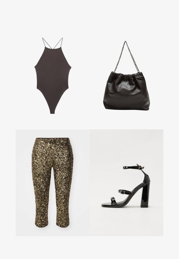 Bruine, hoge hals ééndelige zwempak met dunne, verstelbare schouderbandjes; beschikt over een hoge beenuitsnijding en een gladde textuur. Geen patronen of versieringen.; Gouden pailletten capri-broek met een aansluitend ontwerp en elastische tailleband, met een glanzend, gestructureerd oppervlak dat licht vangt.; Zwarte gepatenteerde sandalen met hak en een vierkante neus, enkelbandjes en zilveren gespen. Heeft een stevige blokhak voor stabiliteit.; Bruine leren tas met een geplooide bovenkant en een kettinghengsel. Glad textuur met een glanzende afwerking en subtiele naaddetails aan de zijkanten.