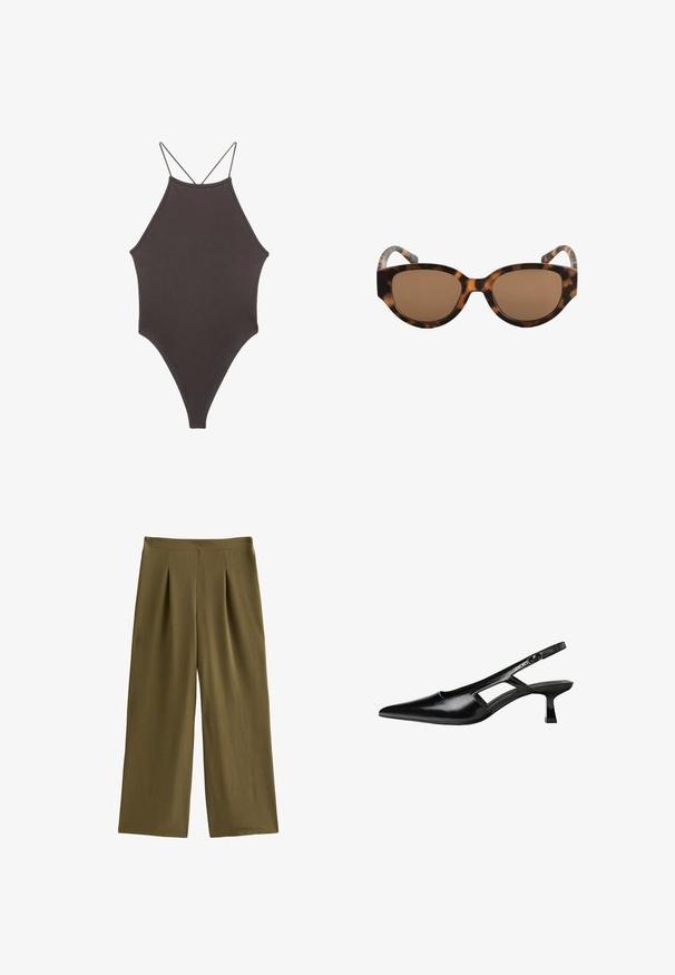 Brauner, hochgeschlossener Badeanzug mit dünnen, verstellbaren Trägern; zeichnet sich durch einen hohen Beinschnitt und eine glatte Textur aus. Keine Muster oder Verzierungen.; Olivgrüne weit geschnittene Hosen mit vorderen Falten, aus leichtem Stoff gefertigt. Mit flachem Bund und glatter Textur.; Schwarze Lackleder-Slingback-High Heels mit spitzer Zehenform, ausgeschnittenem Seitendesign und kleinem Blockabsatz. Glatte Textur mit minimalen Akzenten.; Braun gesprenkelte Sonnenbrille im Katzenaugen-Design, mit braunen Gläsern und glatter Textur. Das Gestell hat gebogene Bügel mit einem dezenten Muster.