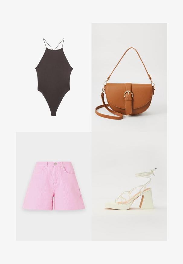 Brun højhalset heldragt badedragt med tynde, justerbare stropper; har højt skåret ben og glat tekstur. Ingen mønstre eller udsmykninger.; Rosa og hvide stribede shorts med knap- og lynlåslukning, der har frontlommer og en afslappet pasform. Fremstillet af bomuldsstof med en glat tekstur.; Hvide højhælede sandaler med en kraftig hæl, der har et stropdesign og ankelbinding. Glat tekstur med en platform foran for ekstra højde.; Brun læder crossbody taske med en buet form, guldfarvet hardware og en spændeaccent. Har en aftagelig skulderrem.