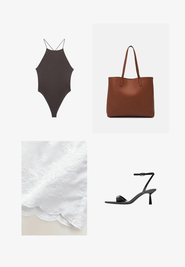 Brown, high-neck one-piece swimsuit with thin, adjustable straps; features a high-cut leg and smooth texture. No patterns or embellishments.; White fabric with floral embroidery, featuring scalloped edges. The texture is smooth with a slight sheen. Intricate detailing on the design.; Bershka High heeled sandals - black; Brown leather tote bag with a smooth texture, open top design, and two shoulder straps. Features minimal stitching and no visible hardware.