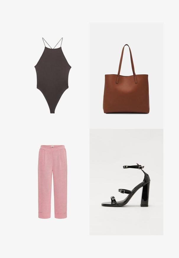 Brun, hög nacke baddräkt med tunna, justerbara remmar; har högskuren ben och slät textur. Inga mönster eller dekorationer.; Rosa, vävda byxor med avslappnad passform, försedda med framfickor och uppvikt fåll. Elastisk midja för extra komfort.; Svarta lackerade högklackade sandaler med två spännband, fyrkantig tå och en tjock klack, med en slät och glansig yta.; Brun läder tote-väska med en slät textur, öppen toppdesign och två axelremmar. Har minimal söm och ingen synlig metalldetalj.