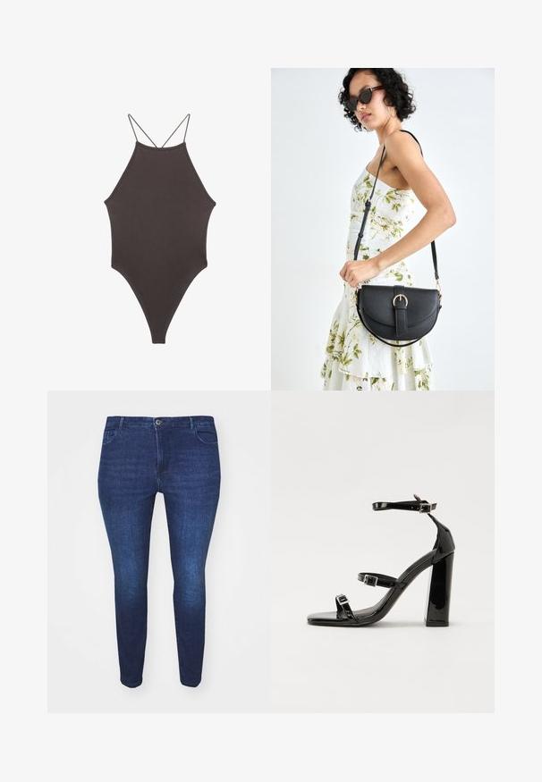Rjav, enodelni kopalke z visokim ovratnikom in tankimi nastavljivimi naramnicami; ima visok rez na nogah in gladko teksturo. Brez vzorcev ali okrasnih elementov.; Temno modri poletni kavbojke slim fit z gumbom spredaj in žepi, prikazane spredaj na beli podlagi.; Črne lakaste sandale z visokimi petami, z dvema trakovoma z zaponkama, kvadratnim sprednjim delom in masivno širšo peto, z gladko, sijočo teksturo.; Črna usnjena torbica s ukrivljeno obliko, z odstranljivo naramnico in zlatimi dodatki. Torbica ima pokrov s podrobnostmi v obliki zaponke.