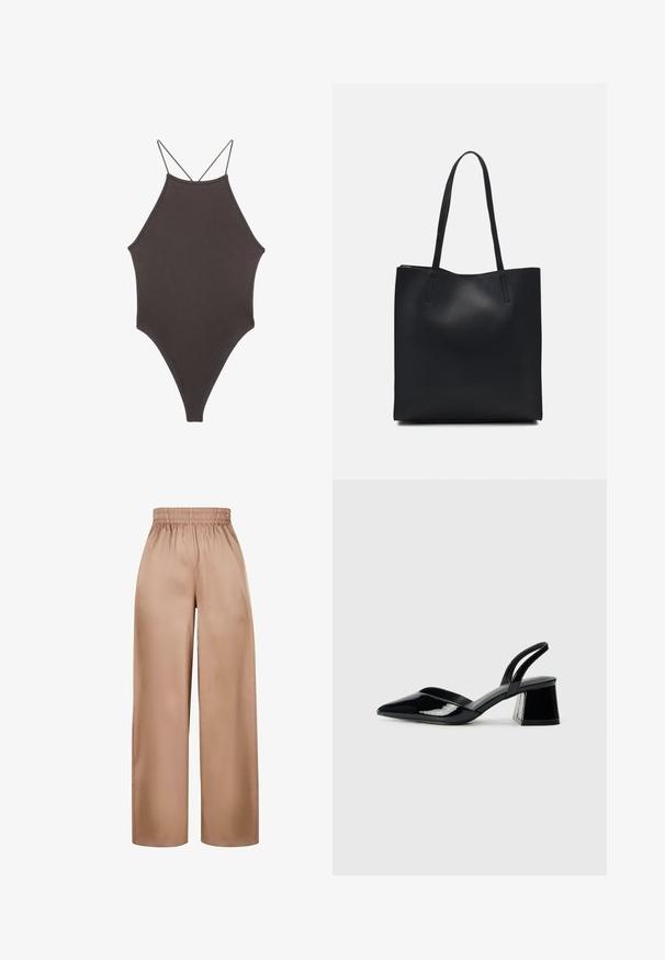 Rjav, enodelni kopalke z visokim ovratnikom in tankimi nastavljivimi naramnicami; ima visok rez na nogah in gladko teksturo. Brez vzorcev ali okrasnih elementov.; Široke, svetlo rjave hlače iz gladkega blaga z elastičnim pasom, preproste zasnove brez dodatnih okraskov.; Črne lakirane slingback pete s koničastim nosom in geometrijsko blokasto peto. Imajo eleganten, minimalističen dizajn in gladko teksturo.; Črna usnjena torba s svilnato teksturo, pravokotne oblike in dvema dolgima ročajema. Brez vidnih metalnih delov ali okrasnih elementov.