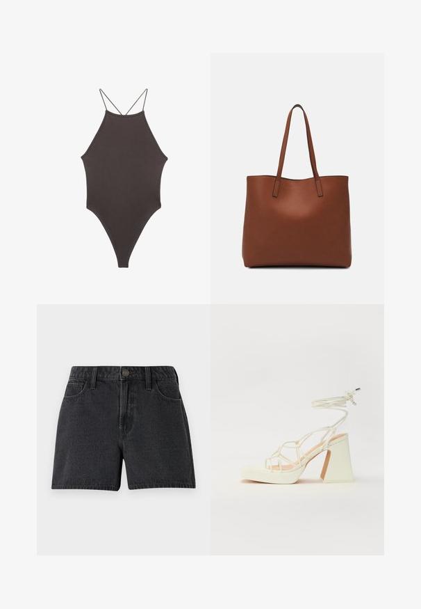 Brązowy jednoczęściowy kostium kąpielowy z wysokim dekoltem i cienkimi, regulowanymi ramiączkami; charakteryzuje się wysokim krojem nogawek i gładką teksturą. Bez wzorów ani ozdób.; Czarne szorty dżinsowe o klasycznym wzornictwie, z przednimi kieszeniami, zapięciem na guzik i lekko teksturowanym wykończeniem.; Biała sandał na wysokim obcasie z masywnym słupkiem, z paskowym wzorem i wiązaniem przy kostce. Gładka faktura z platformą z przodu dla dodatkowej wysokości.; Brązowa skórzana torba tote o gładkiej fakturze, z otwartym wierzchem i dwoma ramiączkami. Charakteryzuje się minimalnym przeszyciem i brakiem widocznych elementów metalowych.