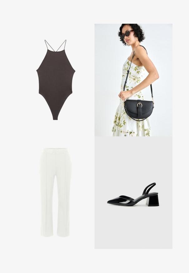 Brauner, hochgeschlossener Badeanzug mit dünnen, verstellbaren Trägern; zeichnet sich durch einen hohen Beinschnitt und eine glatte Textur aus. Keine Muster oder Verzierungen.; Hellgraue gerade geschnittene Hose mit breitem Taillenbund und geprägtem Logo-Detail. Sanfte Textur und maßgeschneiderte Passform.; Schwarze Lackleder-Slingback-High Heels mit spitzem Schuh und einem geometrischen Blockabsatz. Verfügt über ein schlankes, minimalistisches Design und eine glatte Textur.; Schwarze Lederhandtasche mit geschwungener Form, abnehmbarem Tragegurt und goldenen Beschlägen. Die Tasche verfügt über einen Deckel mit einer Schnallen-Details.
