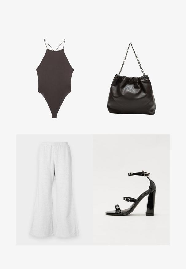 Bruine, hoge hals ééndelige zwempak met dunne, verstelbare schouderbandjes; beschikt over een hoge beenuitsnijding en een gladde textuur. Geen patronen of versieringen.; Lichtgrijze uitlopende sweatpants met een elastische tailleband, gemaakt van zachte, gestructureerde stof. Kenmerkt zich door een ontspannen pasvorm en wijd uitlopende pijpen.; Zwarte gepatenteerde sandalen met hak en een vierkante neus, enkelbandjes en zilveren gespen. Heeft een stevige blokhak voor stabiliteit.; Bruine leren tas met een geplooide bovenkant en een kettinghengsel. Glad textuur met een glanzende afwerking en subtiele naaddetails aan de zijkanten.
