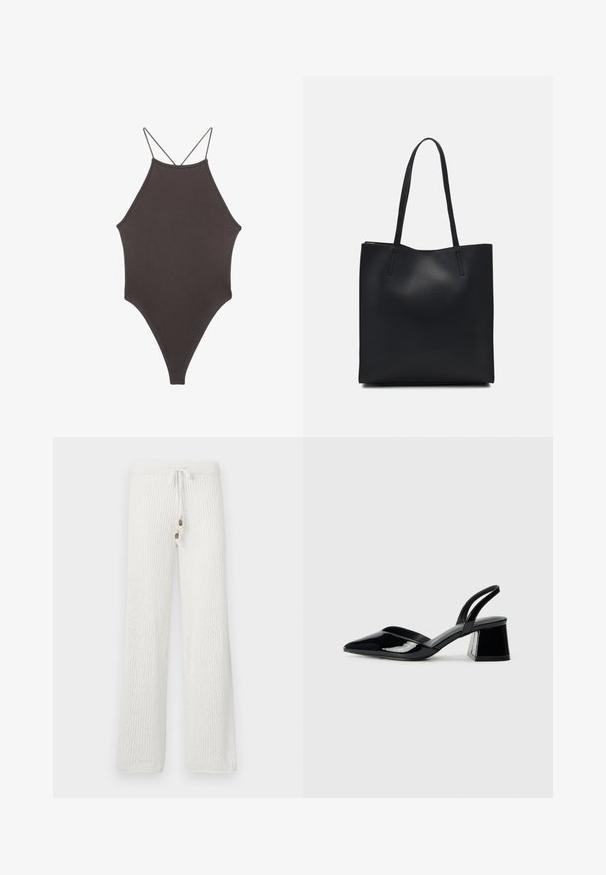 Brown, high-neck one-piece swimsuit with thin, adjustable straps; features a high-cut leg and smooth texture. No patterns or embellishments.; White knit lounge pants with a textured pattern, featuring a drawstring waistband and two decorative buttons on the front.; Black patent leather slingback heels with a pointed toe and a geometric block heel. Features a sleek, minimal design and smooth texture.; Black leather tote bag with smooth texture, rectangular shape, and two long handles. No visible hardware or embellishments.