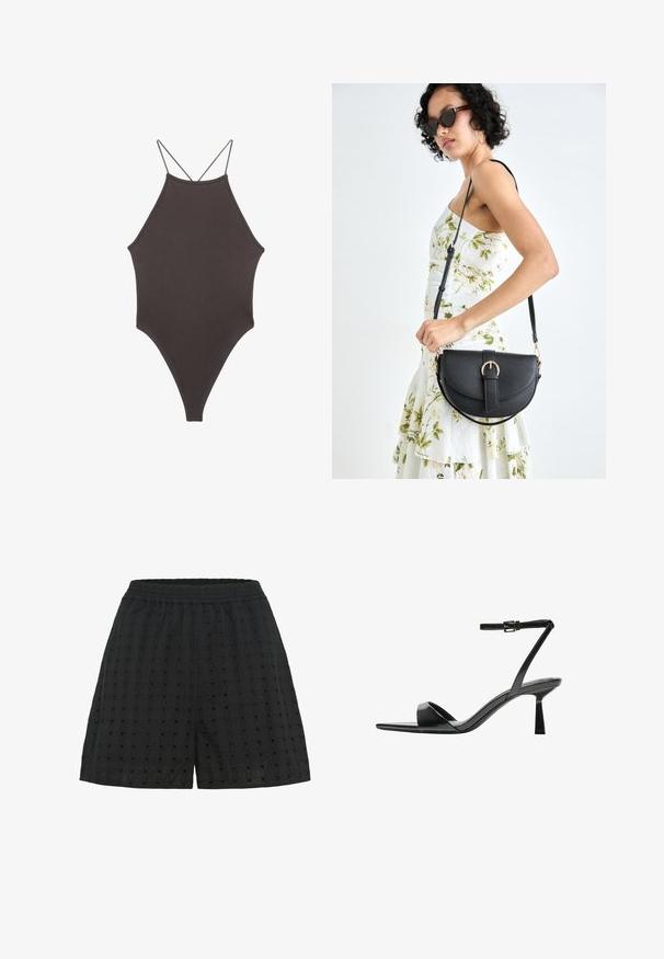 Rjav, enodelni kopalke z visokim ovratnikom in tankimi nastavljivimi naramnicami; ima visok rez na nogah in gladko teksturo. Brez vzorcev ali okrasnih elementov.; Črne kratke hlače iz teksturirane tkanine z mrežastim vzorcem in majhnimi izrezi. Elastičen pas za udobje in fleksibilnost.; Bershka Sandali z visoko peto - black; Črna usnjena torbica s ukrivljeno obliko, z odstranljivo naramnico in zlatimi dodatki. Torbica ima pokrov s podrobnostmi v obliki zaponke.