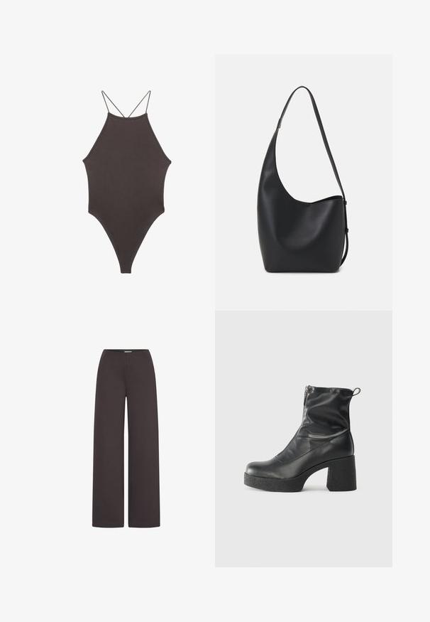 Hnedé, vysoký krk jednodielne plavky s tenkými, nastaviteľnými ramienkami; s vysokým strihom na nohách a hladkým povrchom. Bez vzorov alebo ozdôb.; ICHI Nohavice - chocolate torte; Čierne členkové topánky z hladkej kože, so bočným zipsom, robustnou textúrovanou pätnou časťou a zaobleným dizajnom špičky.; Čierna kožená hobo taška so hladkou textúrou, zakriveným tvarom a jedným nastaviteľným popruhom; má široké otvorenie na vrchu.