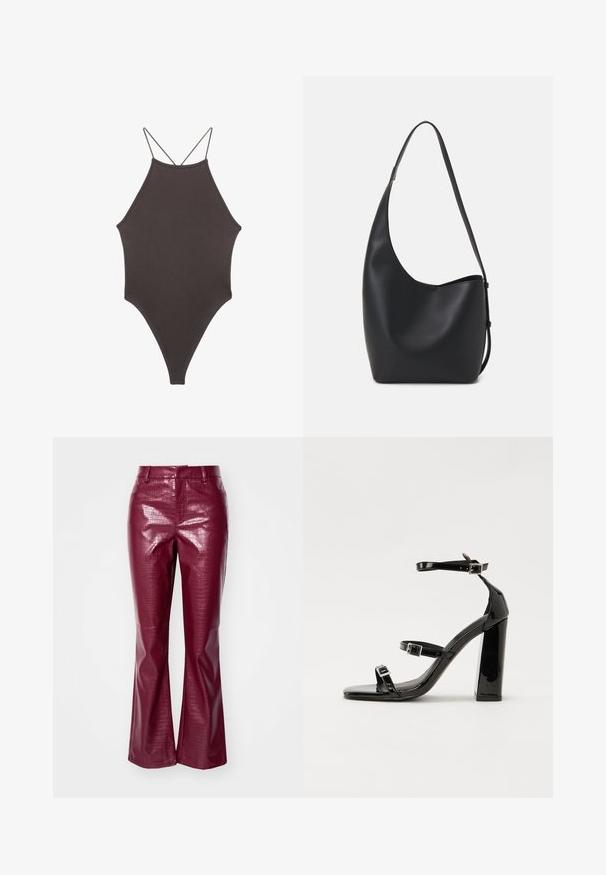 Brauner, hochgeschlossener Badeanzug mit dünnen, verstellbaren Trägern; zeichnet sich durch einen hohen Beinschnitt und eine glatte Textur aus. Keine Muster oder Verzierungen.; Bordeauxfarbene Kunstlederhosen mit glänzender Oberfläche, ausgestattet mit einem Krokodil-Muster, ausgestellten Beinen und einem taillierten Bund.; Schwarze patentierte Sandalen mit Absatz, quadratischer Spitze, Knöchelriemen und silbernen Schnallen. Mit einem stabilen Blockabsatz für mehr Stabilität.; Schwarze Leder-Hobo-Tasche mit einer glatten Textur, geschwungener Form und einem einzelnen verstellbaren Tragegurt; verfügt über eine weite Öffnung am oberen Ende.