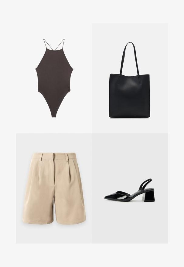 Smeđi jednodijelni kupaći kostim s visokim ovratnikom i tankim, prilagodljivim trakama; ima visoko izrezane nogavice i glatku teksturu. Bez uzoraka ili dekoracija.; Bež šortsevi viskog struka, krojeni s petljama za remen, prednjim plisiranjima i skrivenim prednjim zatvaranjem na bijeloj pozadini.; Crne lakirane kožne sandale s otvorenom petom i špicastim vrhom, s geometrijskom blok petom. Imaju elegantan, minimalistički dizajn i glatku teksturu.; Crna kožna torba za nošenje s glatkom teksturom, pravokutnim oblikom i dvije duge ručke. Nema vidljivih metalnih dijelova ili ukrasa.