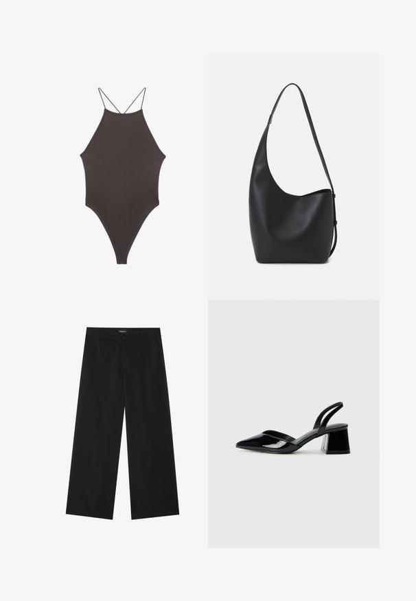 Rjav, enodelni kopalke z visokim ovratnikom in tankimi nastavljivimi naramnicami; ima visok rez na nogah in gladko teksturo. Brez vzorcev ali okrasnih elementov.; Črne široke hlače iz gladkega materiala, z gumbom spredaj in dvema stranskima žepoma; čista zasnova brez vidnih vzorcev.; Črne lakirane slingback pete s koničastim nosom in geometrijsko blokasto peto. Imajo eleganten, minimalističen dizajn in gladko teksturo.; Črna usnjena hobo torba z gladko teksturo, ukrivljeno obliko in eno nastavljivo naramnico; ima širok odprtina na vrhu.
