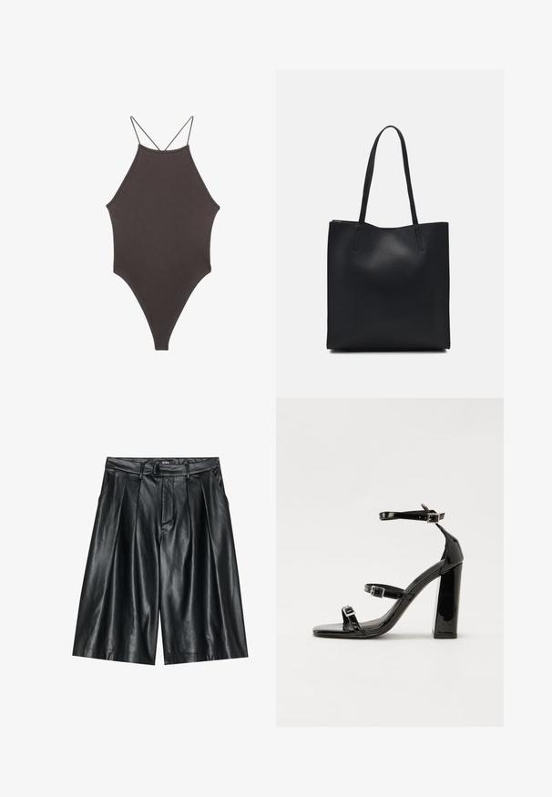 Hnědé, jednodílné plavky s vysokým krkem a tenkými, nastavitelnými ramínky; mají vysoký střih nohavic a hladkou texturu. Žádné vzory ani ozdoby.; Černé kožené šortky s hladkou texturou, s plisovaným designem, poutky na opasek a bočními kapsami.; Černé lakované sandály na podpatku se čtveratou špičkou, lýtkovými pásky a stříbrnými přezkami. Disponují masivním blokovým podpatkem pro stabilitu.; Černá kožená taška přes rameno s hladkým povrchem, obdélníkovým tvarem a dvěma dlouhými uchy. Žádné viditelné kování ani ozdoby.