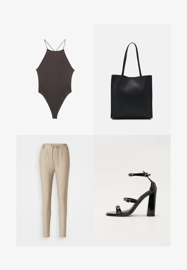 Brun højhalset heldragt badedragt med tynde, justerbare stropper; har højt skåret ben og glat tekstur. Ingen mønstre eller udsmykninger.; Beige stribede bukser med snoretræk i taljen, tapered ben design, plisseret front og glat tekstur. Vertikale hvide striber er præsenteret.; Sorte patenterede hælsandaler med firkantet tå, ankelremme og sølvspænder. Har en chunky blokHæl for stabilitet.; Sort læder tote taske med glat tekstur, rektangulær form og to lange hanke. Ingen synlig hardware eller udsmykninger.