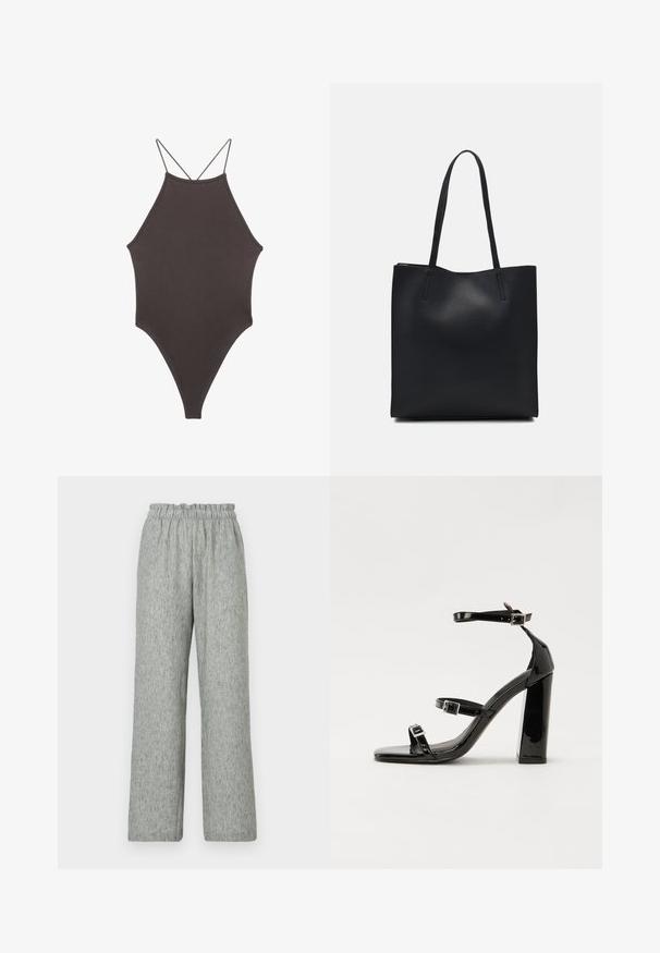 Hnedé, vysoký krk jednodielne plavky s tenkými, nastaviteľnými ramienkami; s vysokým strihom na nohách a hladkým povrchom. Bez vzorov alebo ozdôb.; Svetlošedé široké nohavice vyrobené z textúrovanej tkaniny, vybavené elastickým pásom. Dizajn má voľný strih bez ďalších ozdôb.; Čierne lakované sandále na podpätku so štvorcovou špičkou, navlečenými remienkami okolo členku a striebornými prackami. Disponujú masívnym blokovým podpätkom pre stabilitu.; Čierna kožená taška na rameno s hladkým povrchom, obdĺžnikovým tvarom a dvoma dlhými uchami. Bez viditeľného kovania alebo ozdôb.