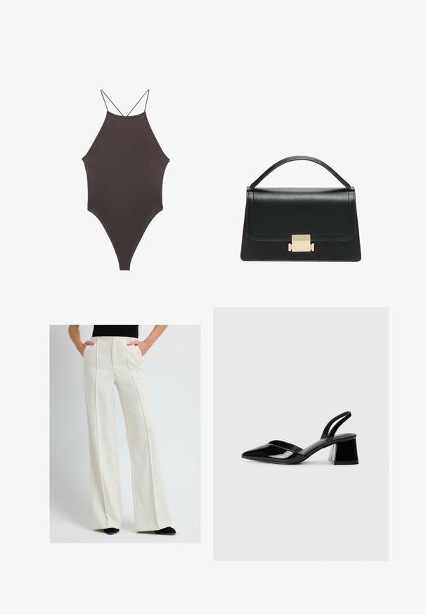 Hnědé, jednodílné plavky s vysokým krkem a tenkými, nastavitelnými ramínky; mají vysoký střih nohavic a hladkou texturu. Žádné vzory ani ozdoby.; Světlé, krémové kalhoty s širokými nohavicemi a předními sklady, s bočními kapsami, vyrobené z hladké tkaniny. Odpovídají s černými botami.; Černé lakované kožené lodičky na pásku s špičatou špičkou a geometrickým blokovým podpatkem. Vyznačují se elegantním, minimalistickým designem a hladkým povrchem.; Černá kožená kabelka se strukturovaným designem, horním uchopením a zlatým kovovým zapínáním na přední straně. Hladký povrch, minimální švy.