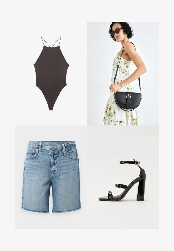 Ruskea, korkeakauluksinen yksiosainen uimapuku, jossa on ohuet, säädettävät hihnat; siinä on korkea lahje ja sileä tekstuuri. Ei kuvioita tai koristeita.; Vaaleansiniset farkkushortsit, joissa on rikkinäinen helma, viisi taskua ja klassinen nappisulku, näkyvillä hienovaraisia vaalennuksia ja kontrastitikkauksia.; Musta kiiltävä korkokenkä sandaalit neliönmuotoisella varpaalla, nilkkaremmillä ja hopeisilla soljilla. Varustettu tukevalla lohkokorkealla vakauden takaamiseksi.; Musta nahkainen käsilaukku, joka on kaareva muotoilultaan, irrotettavalla hihnalla ja kultaisilla yksityiskohdilla. Laukussa on läppä, jossa on solk yksityiskohta.