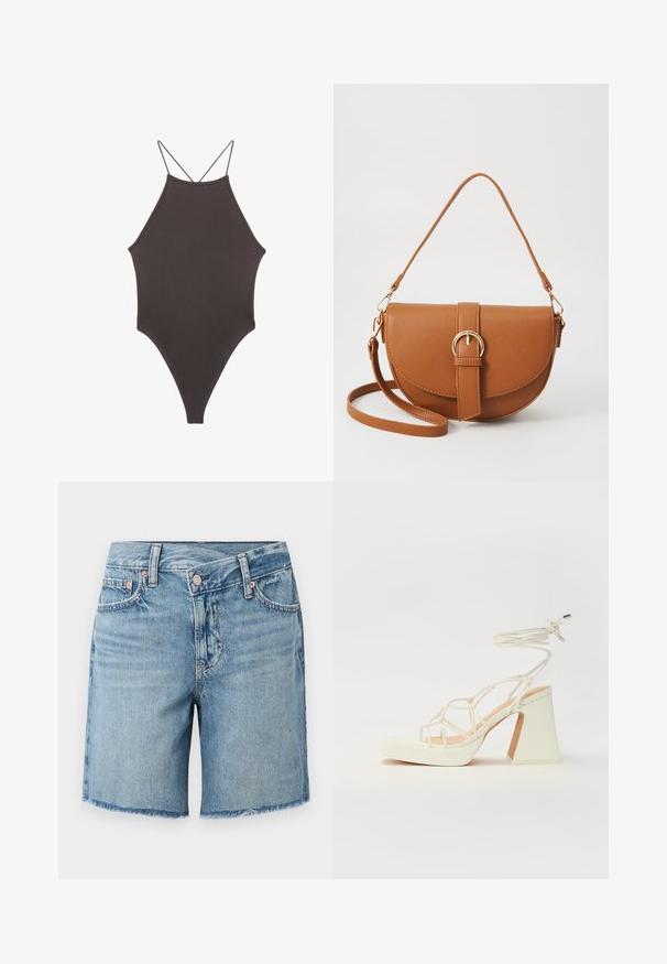 Costume da bagno intero marrone con collo alto e spalline sottili e regolabili; presenta una gamba alta e una texture liscia. Nessun motivo o decorazione.; Shorts di jeans azzurri chiari con orlo sfilacciato, design a cinque tasche e chiusura a bottone classica, caratterizzati da un leggero scolorimento e cuciture a contrasto.; Sandalo bianco con tacco alto, caratterizzato da un design a cinturini e un legaccio alla caviglia. Texture liscia con una piattaforma frontale per un'altezza aggiuntiva.; Borsa a tracolla in pelle marrone con forma curvata, hardware dorato e un dettaglio con fibbia. Presenta una tracolla rimovibile.