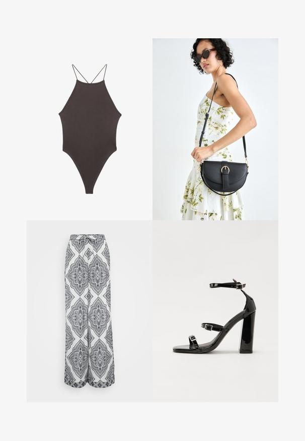 Hnedé, vysoký krk jednodielne plavky s tenkými, nastaviteľnými ramienkami; s vysokým strihom na nohách a hladkým povrchom. Bez vzorov alebo ozdôb.; Široké nohavice v čierno-bielom geometrickom vzore. Majú elastický pás so šnúrkou, ľahký materiál a voľný strih.; Čierne lakované sandále na podpätku so štvorcovou špičkou, navlečenými remienkami okolo členku a striebornými prackami. Disponujú masívnym blokovým podpätkom pre stabilitu.; Čierna kožená kabelka s zaobleným tvarom, odnímateľným popruhom a zlatými doplnkami. Kabelka má klopu s detailom s prackou.