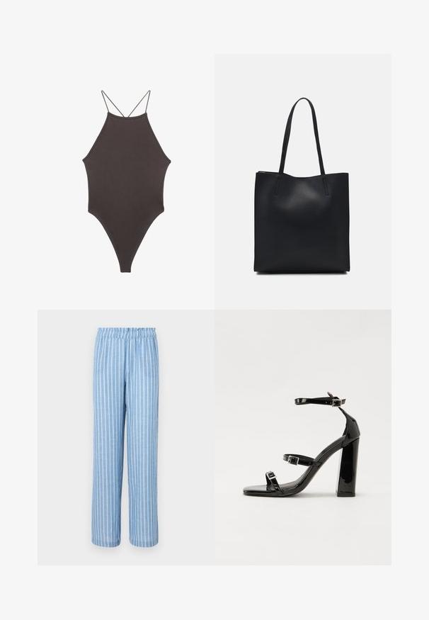 Rjav, enodelni kopalke z visokim ovratnikom in tankimi nastavljivimi naramnicami; ima visok rez na nogah in gladko teksturo. Brez vzorcev ali okrasnih elementov.; Svijetloplave prugaste hlače s elastičnim pojasom, napravljene od mekog materijala, s vertikalnim bijelim prugama i opuštenim krojem.; Črne lakirane sandale s peto, kvadratnim prstom, trakovi okrog gležnja in srebrnimi zaponkami. Opremljene so s stabilno Debelo peto.; Črna usnjena torba s svilnato teksturo, pravokotne oblike in dvema dolgima ročajema. Brez vidnih metalnih delov ali okrasnih elementov.