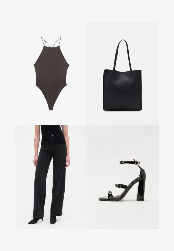 Hnedé, vysoký krk jednodielne plavky s tenkými, nastaviteľnými ramienkami; s vysokým strihom na nohách a hladkým povrchom. Bez vzorov alebo ozdôb.; Čierne široké nohavice z denimu s vysokým pásom, vybavené zapínaním na gombíky a voľným strihom, doplnené o čierne špicaté lodičky.; Čierne lakované sandále na podpätku so štvorcovou špičkou, navlečenými remienkami okolo členku a striebornými prackami. Disponujú masívnym blokovým podpätkom pre stabilitu.; Čierna kožená taška na rameno s hladkým povrchom, obdĺžnikovým tvarom a dvoma dlhými uchami. Bez viditeľného kovania alebo ozdôb.