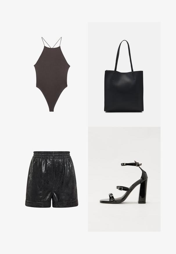 Brauner, hochgeschlossener Badeanzug mit dünnen, verstellbaren Trägern; zeichnet sich durch einen hohen Beinschnitt und eine glatte Textur aus. Keine Muster oder Verzierungen.; Schwarze Shorts aus glänzendem, strukturiertem Material mit Schlangenledermuster. Elastischer Bund und umgeschlagene Säume. Geeignet für lässige Kleidung.; Schwarze patentierte Sandalen mit Absatz, quadratischer Spitze, Knöchelriemen und silbernen Schnallen. Mit einem stabilen Blockabsatz für mehr Stabilität.; Schwarze Laptoptasche aus Leder mit glatter Textur, rechteckiger Form und zwei langen Griffen. Keine sichtbaren Beschläge oder Verzierungen.