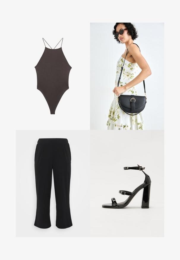 Brown, high-neck one-piece swimsuit with thin, adjustable straps; features a high-cut leg and smooth texture. No patterns or embellishments.; Black cropped pants with a smooth, textured fabric, elastic waist, and front pleats. Straight legs finish just above the ankle.; Black patent heeled sandals with a square toe, ankle straps, and silver buckles. Features a chunky block heel for stability.; Black leather handbag with a curved shape, detachable strap, and gold hardware. The bag features a flap with a buckle detail.