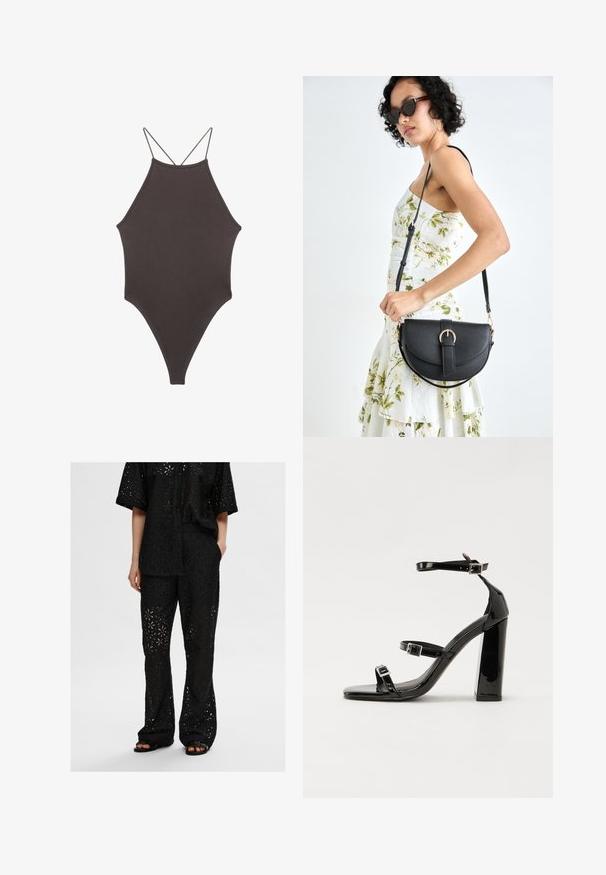 Hnědé, jednodílné plavky s vysokým krkem a tenkými, nastavitelnými ramínky; mají vysoký střih nohavic a hladkou texturu. Žádné vzory ani ozdoby.; Černý dvoudílný outfit zahrnující volnou košili na knoflíky a kalhoty, obojí vyrobené z perforované látky s květinovými vzory a uvolněným střihem.; Černé lakované sandály na vysokém podpatku se dvěma pásky se sponami, čtvercovou špičkou a robustním blokovým podpatkem, s hladkou, lesklou texturou.; Černá kožená kabelka s křivkovým tvarem, odnímatelným popruhem a zlatými detaily. Kabelka má klopu s přezkou.