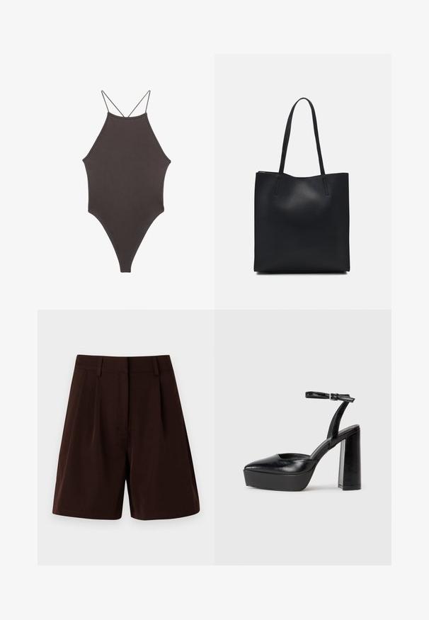 Rjav, enodelni kopalke z visokim ovratnikom in tankimi nastavljivimi naramnicami; ima visok rez na nogah in gladko teksturo. Brez vzorcev ali okrasnih elementov.; Brazdaste kratke hlače z oblikovanim dizajnom in pregibi, izdelane iz gladkega materiala. Dopolnjene z pasom in brez vidnih žepov.; Črne platforme z visokimi petami in koničastim nosom ter nastavljivim gležnjenjskim trakom. Narejene iz gladke usnje, s kockasto peto.; Črna usnjena torba s svilnato teksturo, pravokotne oblike in dvema dolgima ročajema. Brez vidnih metalnih delov ali okrasnih elementov.
