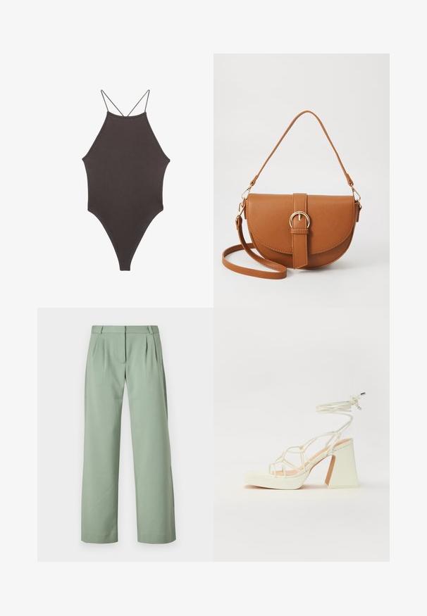 Brun højhalset heldragt badedragt med tynde, justerbare stropper; har højt skåret ben og glat tekstur. Ingen mønstre eller udsmykninger.; Grønne skræddersyede bukser lavet af glat stof. Har et lige ben-design, pressefolder foran og sidelommer.; Hvide højhælede sandaler med en kraftig hæl, der har et stropdesign og ankelbinding. Glat tekstur med en platform foran for ekstra højde.; Brun læder crossbody taske med en buet form, guldfarvet hardware og en spændeaccent. Har en aftagelig skulderrem.