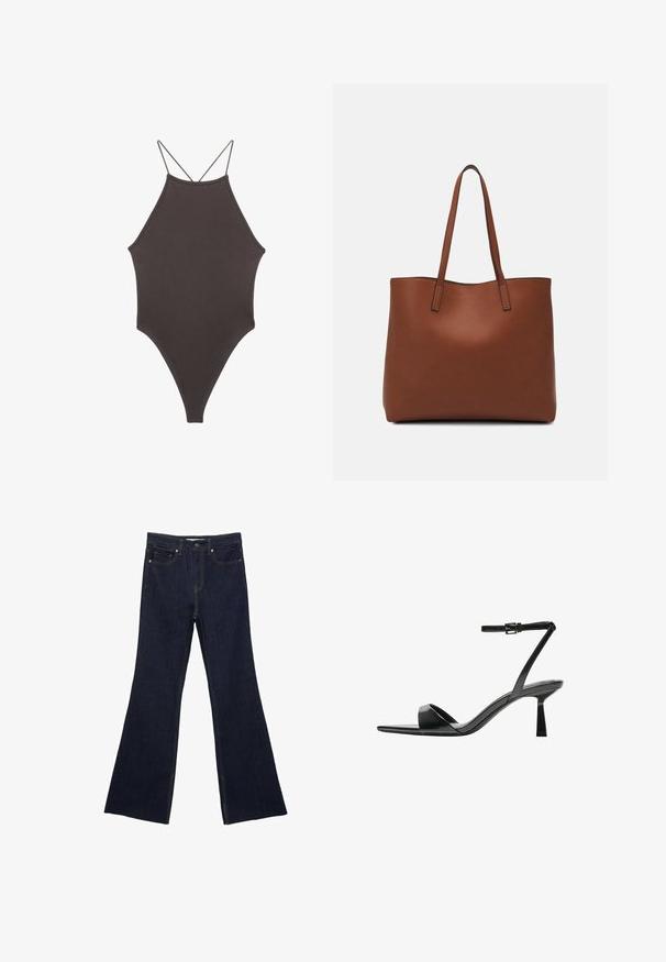 Brun, hög nacke baddräkt med tunna, justerbara remmar; har högskuren ben och slät textur. Inga mönster eller dekorationer.; Mörkblå denim med utsvängda ben, som har en standard femfickdesign och synlig sömnad. Tyget har en slät yta med minimal blekning.; Bershka Sandaletter - black; Brun läder tote-väska med en slät textur, öppen toppdesign och två axelremmar. Har minimal söm och ingen synlig metalldetalj.