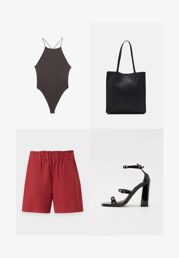 Brown, high-neck one-piece swimsuit with thin, adjustable straps; features a high-cut leg and smooth texture. No patterns or embellishments.; Red shorts with an elastic waistband, featuring a relaxed fit and smooth cotton texture. Hems are straight with no visible patterns or accents.; Black patent heeled sandals with a square toe, ankle straps, and silver buckles. Features a chunky block heel for stability.; Black leather tote bag with smooth texture, rectangular shape, and two long handles. No visible hardware or embellishments.