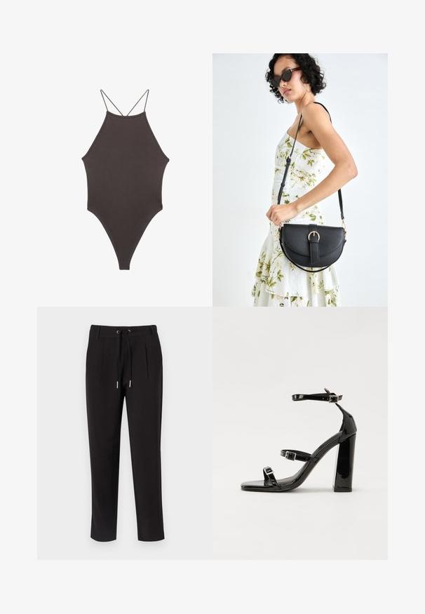 Brun højhalset heldragt badedragt med tynde, justerbare stropper; har højt skåret ben og glat tekstur. Ingen mønstre eller udsmykninger.; Sorte bukser lavet af et blødt materiale, med elastisk talje, plisseret front og indsnævrede ben, med en glat tekstureret overflade.; Sorte patenterede hælsandaler med firkantet tå, ankelremme og sølvspænder. Har en chunky blokHæl for stabilitet.; Sort læderhåndtaske med en buet form, aftagelig rem og guldfinish. Tasken har en klap med en spænde detalje.