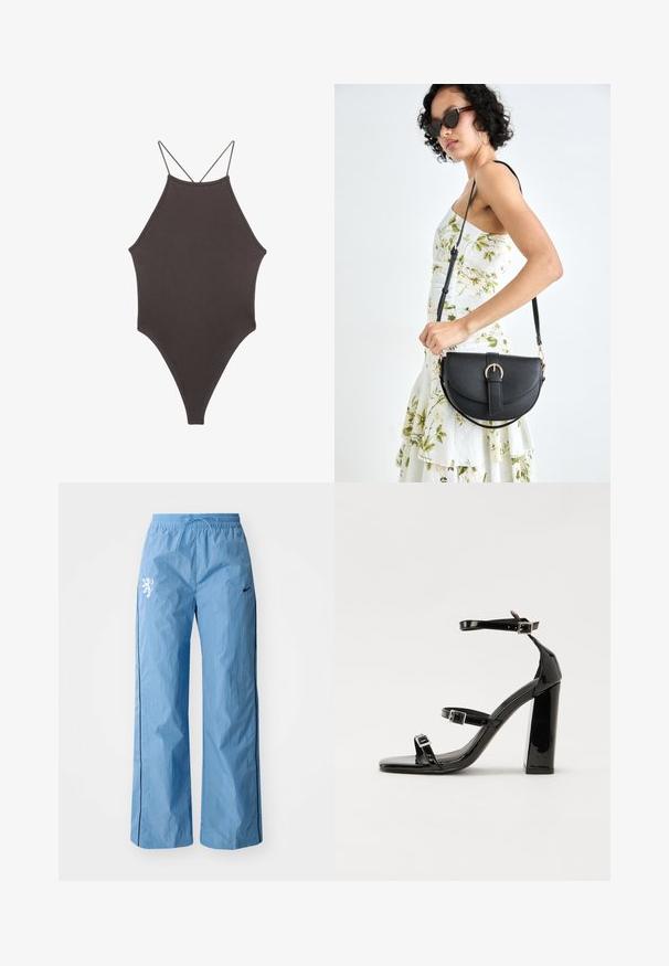 Brauner, hochgeschlossener Badeanzug mit dünnen, verstellbaren Trägern; zeichnet sich durch einen hohen Beinschnitt und eine glatte Textur aus. Keine Muster oder Verzierungen.; Helle blaue, weit geschnittene Hose aus strukturiertem Stoff, mit einem schwarzen seitlichen Streifen und einem weißen Löwenmotiv auf der Vorderseite. Mit elastischem Bund.; Schwarze patentierte Sandalen mit Absatz, quadratischer Spitze, Knöchelriemen und silbernen Schnallen. Mit einem stabilen Blockabsatz für mehr Stabilität.; Schwarze Lederhandtasche mit geschwungener Form, abnehmbarem Tragegurt und goldenen Beschlägen. Die Tasche verfügt über einen Deckel mit einer Schnallen-Details.