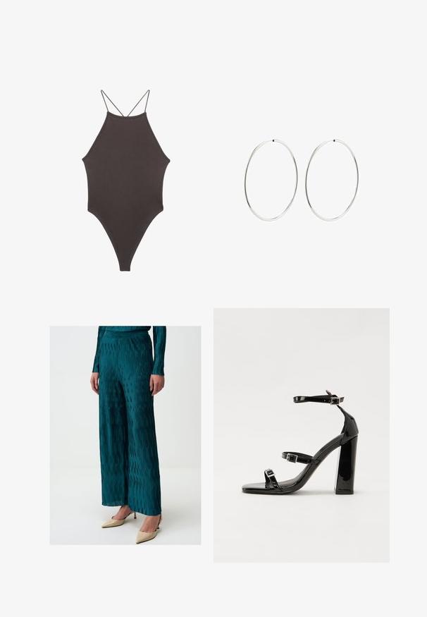 Brauner, hochgeschlossener Badeanzug mit dünnen, verstellbaren Trägern; zeichnet sich durch einen hohen Beinschnitt und eine glatte Textur aus. Keine Muster oder Verzierungen.; Türkise, plissierte weite Hosen aus glänzendem Stoff, mit vertikalen Streifen und einem bequemen Bund. Kombiniert mit nude-farbenen High Heels.; Schwarze patentierte Sandalen mit Absatz, quadratischer Spitze, Knöchelriemen und silbernen Schnallen. Mit einem stabilen Blockabsatz für mehr Stabilität.; Silberne Creolen mit einem glatten, runden Design und einer polierten Oberfläche. Sie sind dünn und leicht und verfügen über einen einfachen Verschluss.