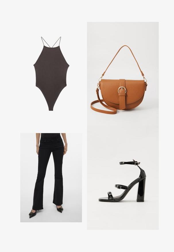Brun, hög nacke baddräkt med tunna, justerbara remmar; har högskuren ben och slät textur. Inga mönster eller dekorationer.; Svarta utsvängda jeans med en smickrande passform, femficksdesign och diskret sömnad. Tillverkade av denim, med medelhög midja.; Svarta lackerade högklackade sandaler med två spännband, fyrkantig tå och en tjock klack, med en slät och glansig yta.; Brun läder crossbody-väska med en böjd form, gyllene detaljer och en spänneaccent. Har en avtagbar axelrem.