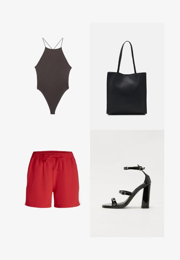 Brauner, hochgeschlossener Badeanzug mit dünnen, verstellbaren Trägern; zeichnet sich durch einen hohen Beinschnitt und eine glatte Textur aus. Keine Muster oder Verzierungen.; Rote Sportshorts aus leichtem Material mit einem elastischen Bund und Kordelzug sowie weißen Seiteneinsätzen.; Schwarze patentierte Sandalen mit Absatz, quadratischer Spitze, Knöchelriemen und silbernen Schnallen. Mit einem stabilen Blockabsatz für mehr Stabilität.; Schwarze Laptoptasche aus Leder mit glatter Textur, rechteckiger Form und zwei langen Griffen. Keine sichtbaren Beschläge oder Verzierungen.