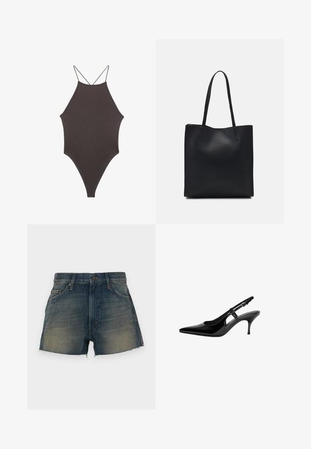 Brauner, hochgeschlossener Badeanzug mit dünnen, verstellbaren Trägern; zeichnet sich durch einen hohen Beinschnitt und eine glatte Textur aus. Keine Muster oder Verzierungen.; Dunkelblaue Jeans-Shorts mit einem ausgewaschenen Look. Verfügt über einen Knopfverschluss, fünf Taschen und einen ausgefransen Saum. Rohe Kanten sorgen für Textur.; Schwarze Lackleder-Slingback-Pumpe mit spitzem Zehenbereich, offenen seitlichen Ausschnitten, schlanker Absatz und verstellbarem Knöchelriemen.; Schwarze Laptoptasche aus Leder mit glatter Textur, rechteckiger Form und zwei langen Griffen. Keine sichtbaren Beschläge oder Verzierungen.
