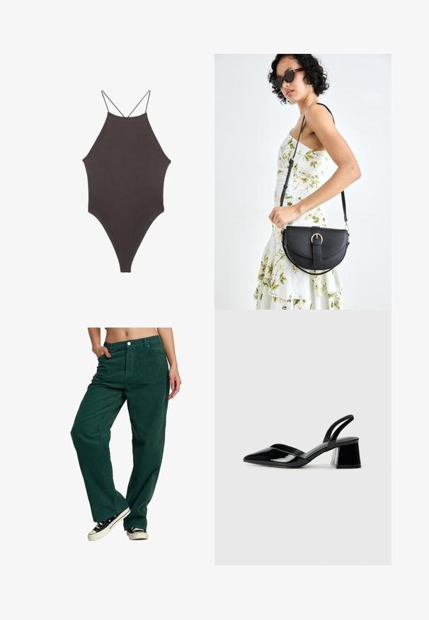 Hnědé, jednodílné plavky s vysokým krkem a tenkými, nastavitelnými ramínky; mají vysoký střih nohavic a hladkou texturu. Žádné vzory ani ozdoby.; Zelené kordové kalhoty s přímým střihem, vybavené předním zapínáním na knoflík a bočními kapsami. Texturovaná tkanina a uvolněný střih.; Černé lakované kožené lodičky na pásku s špičatou špičkou a geometrickým blokovým podpatkem. Vyznačují se elegantním, minimalistickým designem a hladkým povrchem.; Černá kožená kabelka s křivkovým tvarem, odnímatelným popruhem a zlatými detaily. Kabelka má klopu s přezkou.
