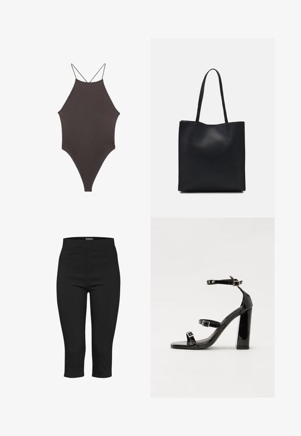 Costume da bagno intero marrone con collo alto e spalline sottili e regolabili; presenta una gamba alta e una texture liscia. Nessun motivo o decorazione.; Pantaloni capri neri realizzati in tessuto elasticizzato. Caratterizzati da una vita aderente, tasche laterali e una lunghezza cropped con una superficie liscia.; Sandali con tacco in vernice nera, con punta squadrata, cinturini alla caviglia e fibbie in argento. Presentano un tacco a blocco spesso per maggiore stabilità.; Borsa tote in pelle nera con texture liscia, forma rettangolare e due manici lunghi. Nessun hardware o decorazione visibile.