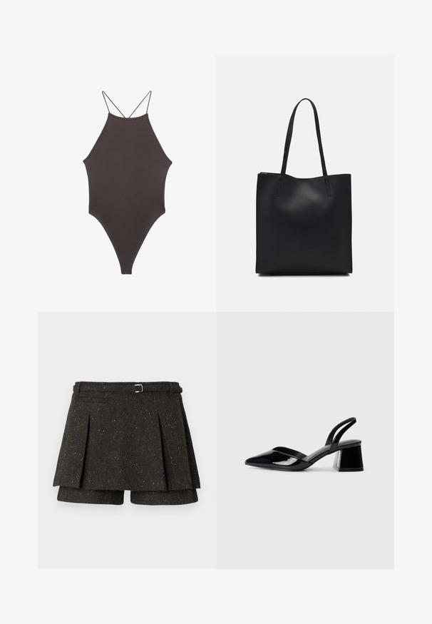 Costume da bagno intero marrone con collo alto e spalline sottili e regolabili; presenta una gamba alta e una texture liscia. Nessun motivo o decorazione.; Skort in misto lana grigio scuro screziato con pieghe, cintura laterale con fibbia in metallo e pantaloncini nascosti sotto.; Décolleté in vernice nera con punta affusolata e tacco in geometria cubica. Presentano un design elegante e minimalista, con una texture liscia.; Borsa tote in pelle nera con texture liscia, forma rettangolare e due manici lunghi. Nessun hardware o decorazione visibile.