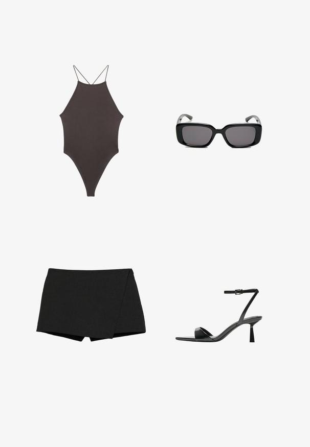 Maillot de bain une pièce marron à col montant avec des bretelles fines et réglables ; présente une jambe haute et une texture lisse. Aucun motif ni embellissement.; Shorts noirs légers avec un design enveloppant. Présentent une texture lisse et des bords nets. Ourlet droit et sans fermetures visibles.; Bershka Sandales à talons hauts - black; Lunettes de soleil noires rectangulaires avec des verres foncés, monture en plastique lisse et branches courbées. Le design est épais avec une esthétique minimaliste.