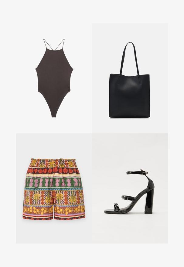Brun højhalset heldragt badedragt med tynde, justerbare stropper; har højt skåret ben og glat tekstur. Ingen mønstre eller udsmykninger.; Multifarvede shorts med en blanding af lyse farver inklusive rød, gul, grøn og pink, med en elastisk talje og varierende tropiske motiver.; Sorte patenterede hælsandaler med firkantet tå, ankelremme og sølvspænder. Har en chunky blokHæl for stabilitet.; Sort læder tote taske med glat tekstur, rektangulær form og to lange hanke. Ingen synlig hardware eller udsmykninger.