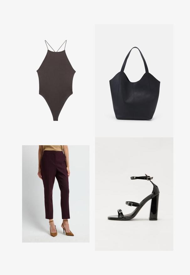 Hnědé, jednodílné plavky s vysokým krkem a tenkými, nastavitelnými ramínky; mají vysoký střih nohavic a hladkou texturu. Žádné vzory ani ozdoby.; Burgundské kalhoty na míru s detaily záhybů, po kotníky, s vysokým pasem, doplněné béžovými vysokými podpatky. Hladká, strukturovaná tkanina.; Černé lakované sandály na podpatku se čtveratou špičkou, lýtkovými pásky a stříbrnými přezkami. Disponují masivním blokovým podpatkem pro stabilitu.; Černá taška přes rameno vyrobená z hladké kůže, s zakřiveným, otevřeným vrchem a dvěma ramenními popruhy, s minimalistickým designem.