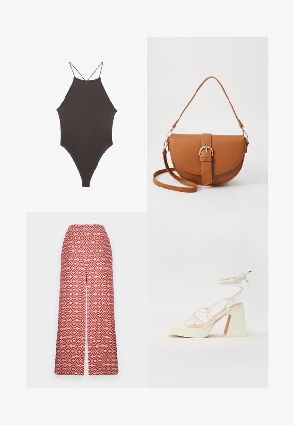 Brun, hög nacke baddräkt med tunna, justerbara remmar; har högskuren ben och slät textur. Inga mönster eller dekorationer.; Röd mönstrade culotter med diamantdesign, elastisk midja och vid silhuett för komfort och rörelsefrihet.; Vit högklackad sandal med en kraftig klack, med ett remdesign och ankelband. Slät textur med en plattform framtill för ökad höjd.; Brun läder crossbody-väska med en böjd form, gyllene detaljer och en spänneaccent. Har en avtagbar axelrem.